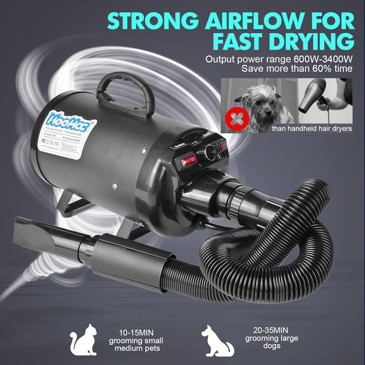 4.5HP Pet Grooming Hair Dryer with Adjustable Speed, Heat Control, 4 Nozzles, Comb, Towel, Glove - Black - Image 2