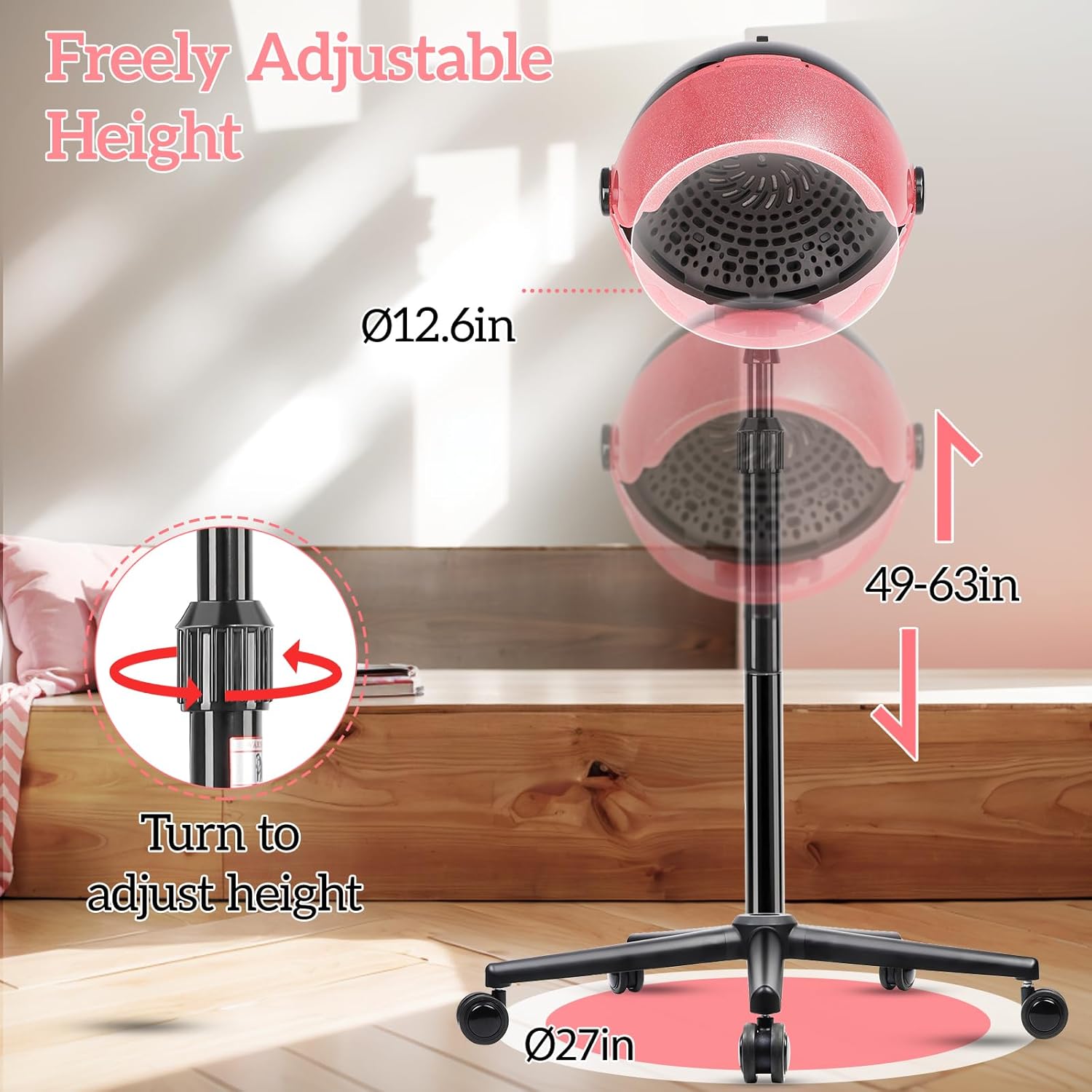Professional Hooded Hair Dryer with Adjustable Height and Touch Controls, 3 Heat Settings - Image 4
