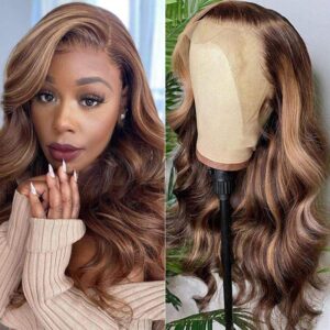 Highlight 4/27 13x4 Body Wave Lace Front Wigs Human Hair Honey Blonde Body Wave Lace Frontal Wig For Women 180% Density Colored Ombre Lace Frontal Wigs Pre Plucked with Baby Hair 30inch