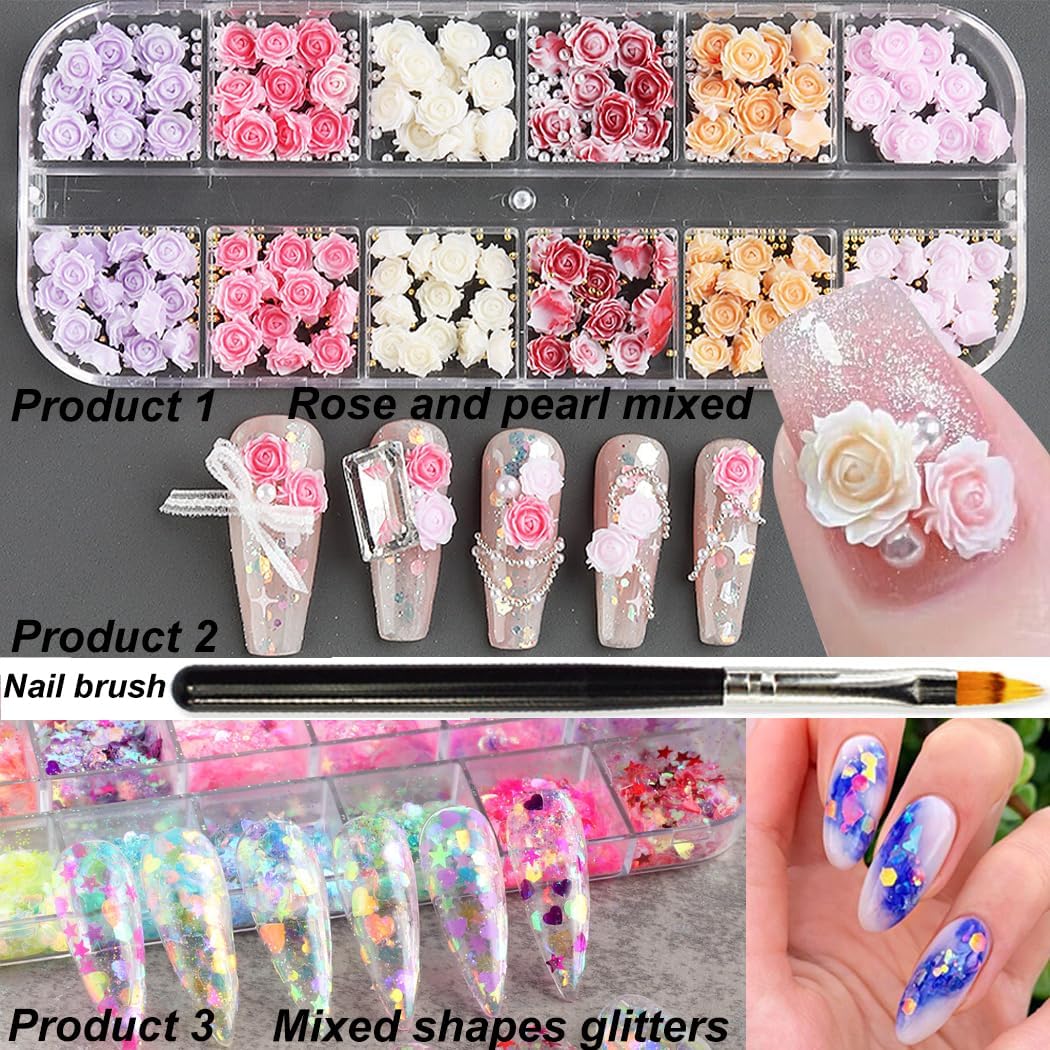 12 Grids Rose Flower Nail Charms with Iridescent Glitter Sequins and 1 Pen for Nail Art - Image 2