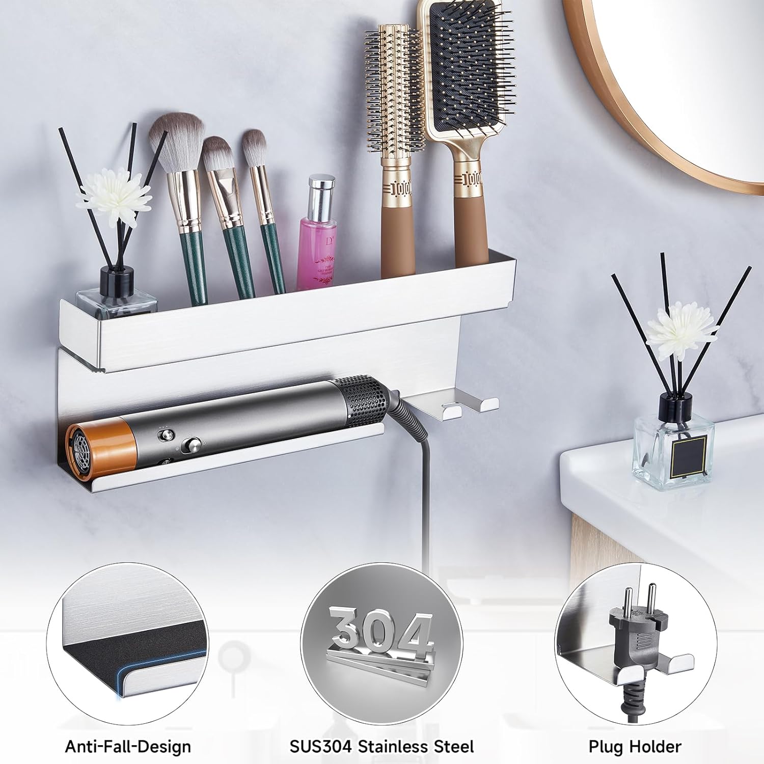 Storage Hair Dryer Holder for Curling Iron Wands Accessories, Hair Straightener Holder, Wall Mount Hair Tool Organizer for Styler Attachments,Stainless Steel Curling Iron Holder Organizer for Bathroom - Image 7