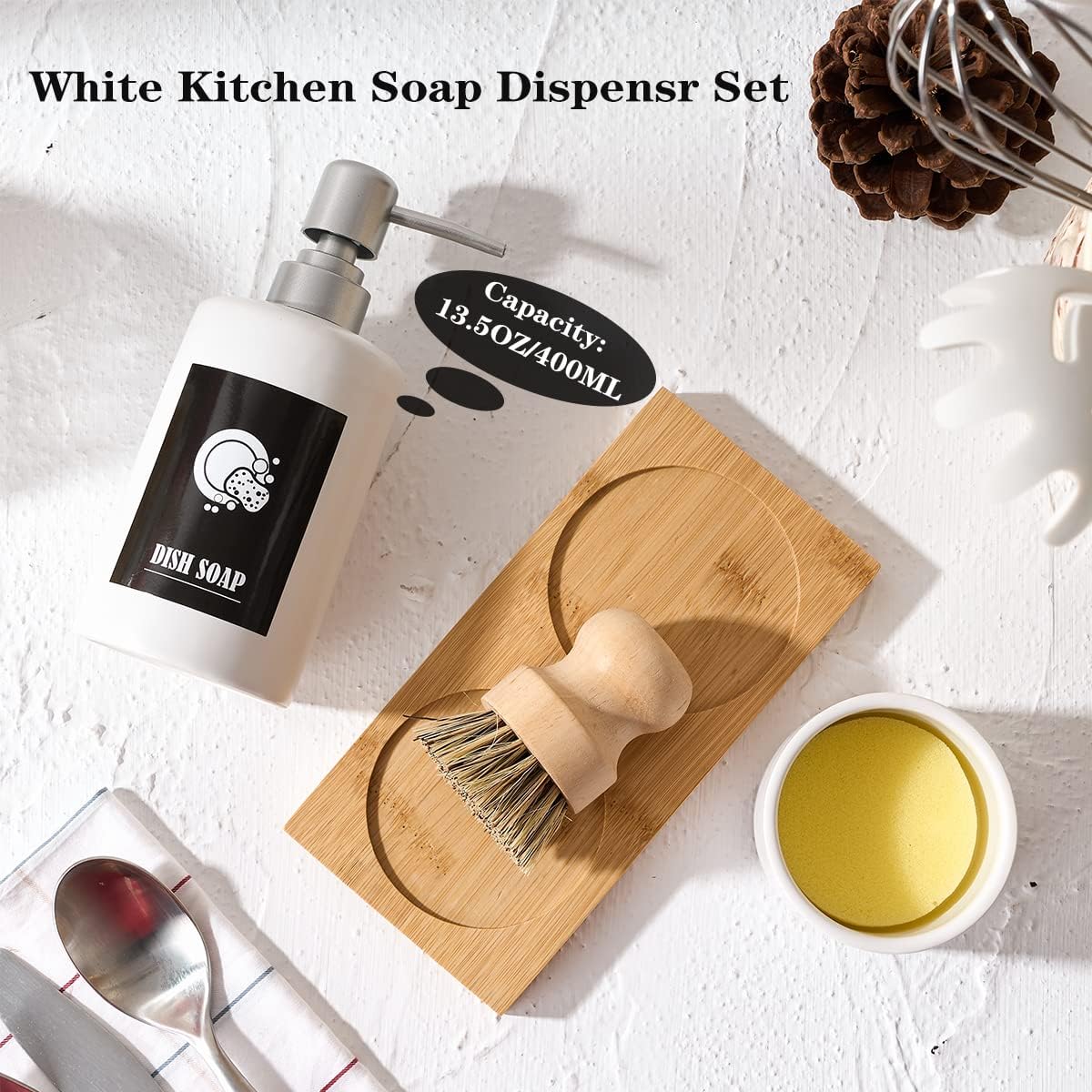 White Ceramic Kitchen Soap Dispenser Set with Bamboo Tray and Pot Brush, 13 oz - Image 4