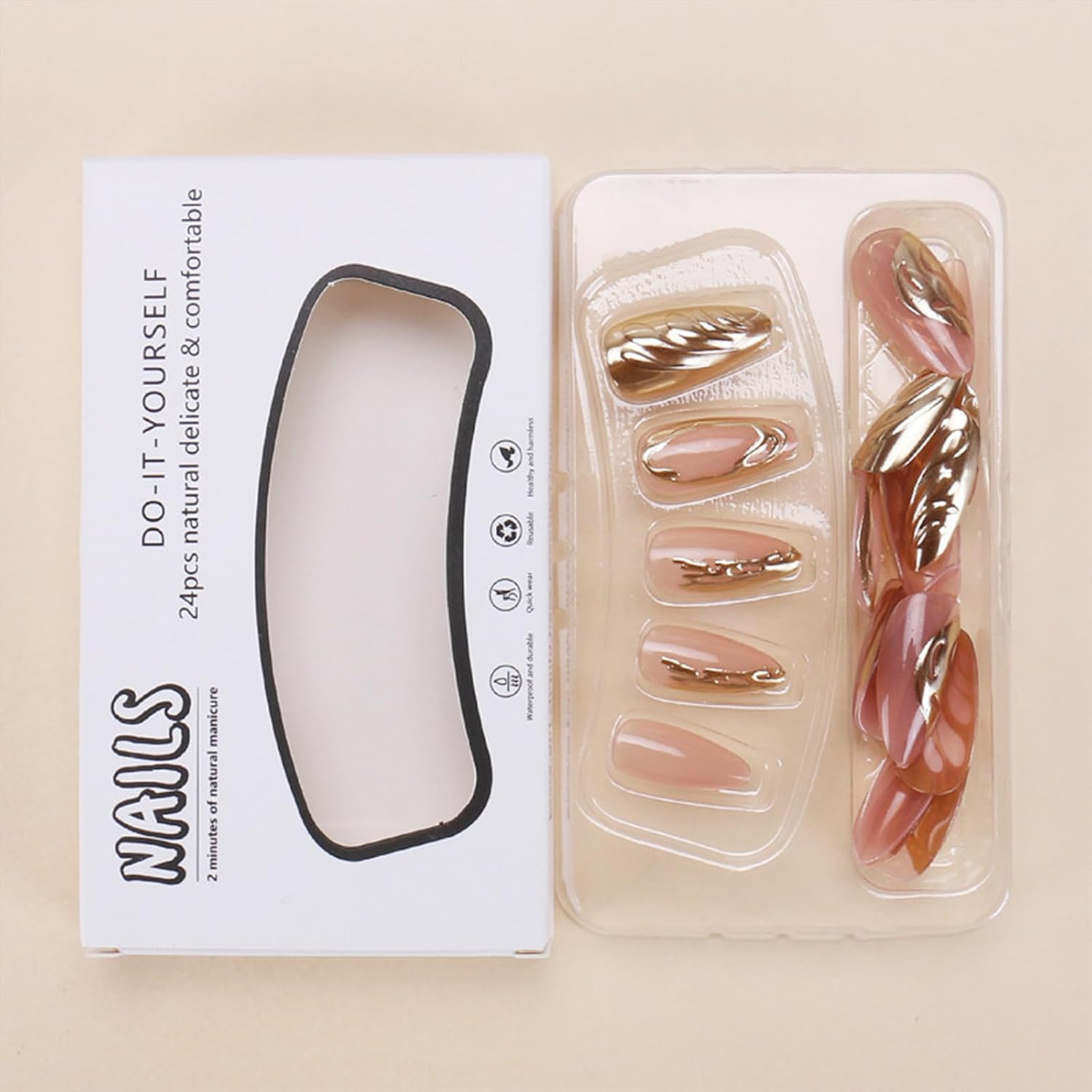 Almond Medium 3D Gold Chrome French Tip Press on Nails for Women - Image 4