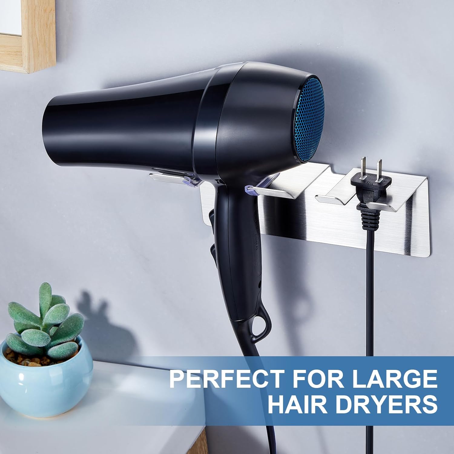 SUS 304 Stainless Steel Wall Mount Hair Dryer Holder with Self Adhesive Plug Hooks for Bathroom - Image 9