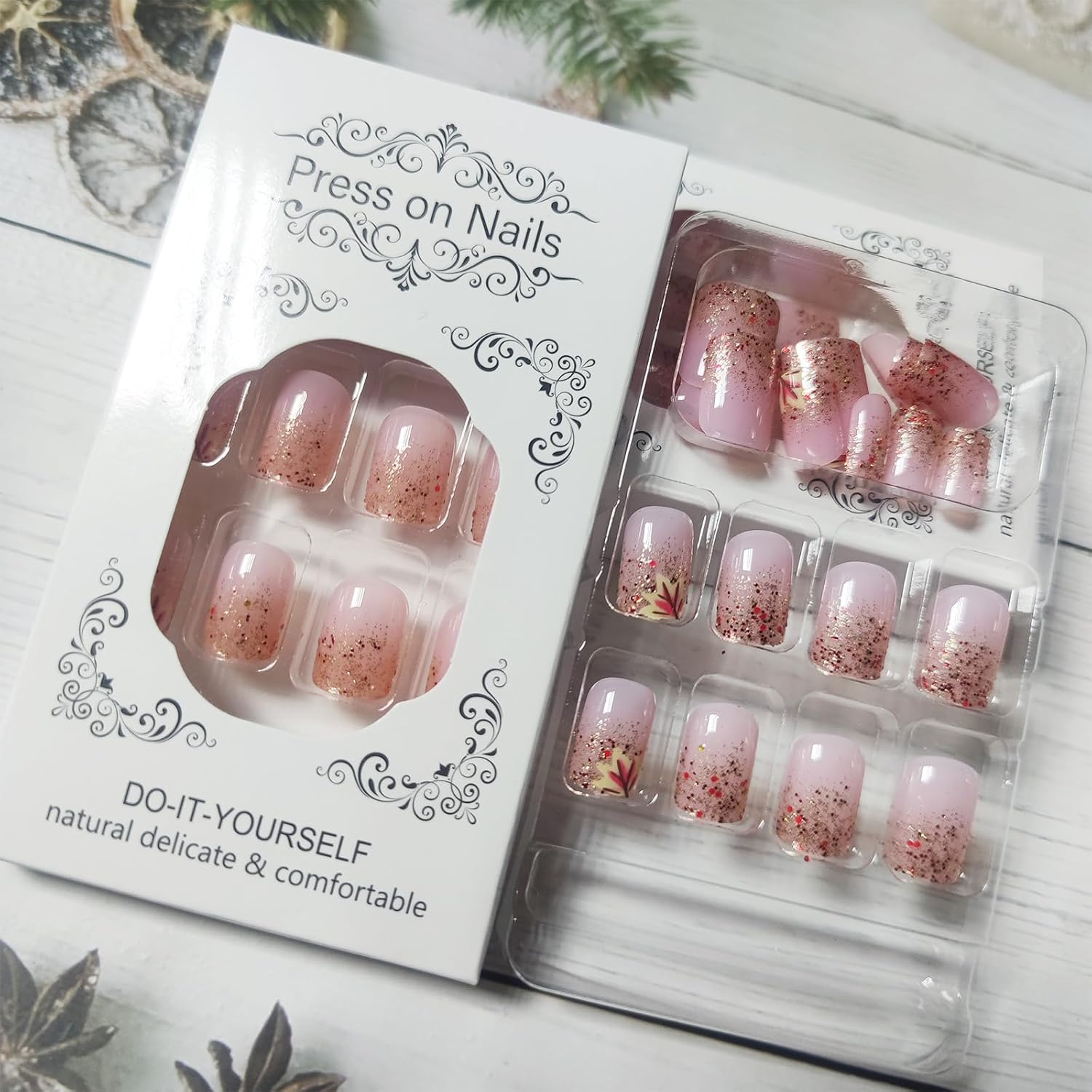 Autumn Thanksgiving 24Pcs Glossy Gold Glitter Press-On Nails Maple Leaf Design - Image 2