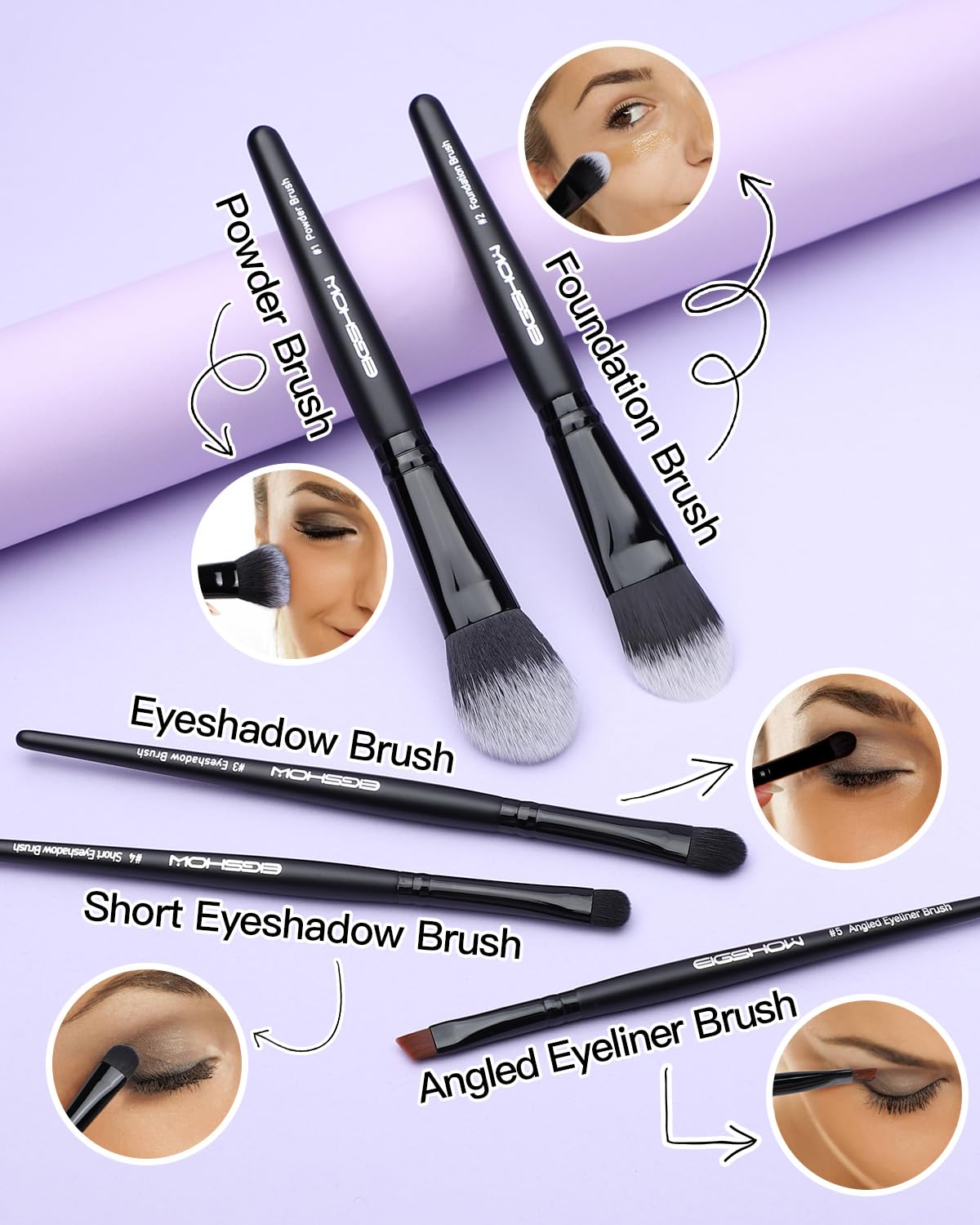 EIGSHOW 5-Piece Vegan Makeup Brush Set for Foundation Powder Eyeshadow Eyeliner Black - Image 2
