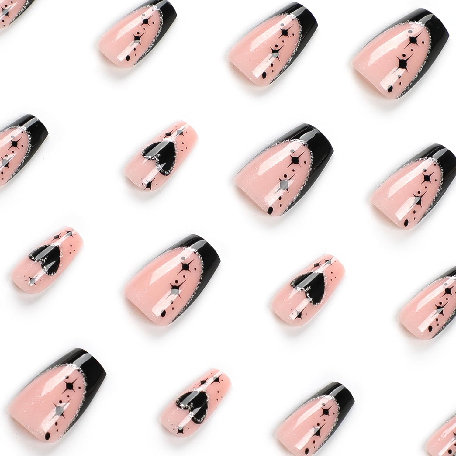 Black French Tip Medium Coffin Press on Nails Black Heart Star Design 24 Count - Image 4