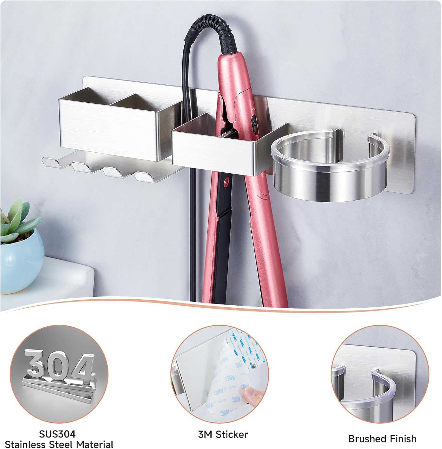 Stainless Steel Wall Mount Hair Tool Organizer for Dryer, Curling Iron, Straightener, Black - Image 4