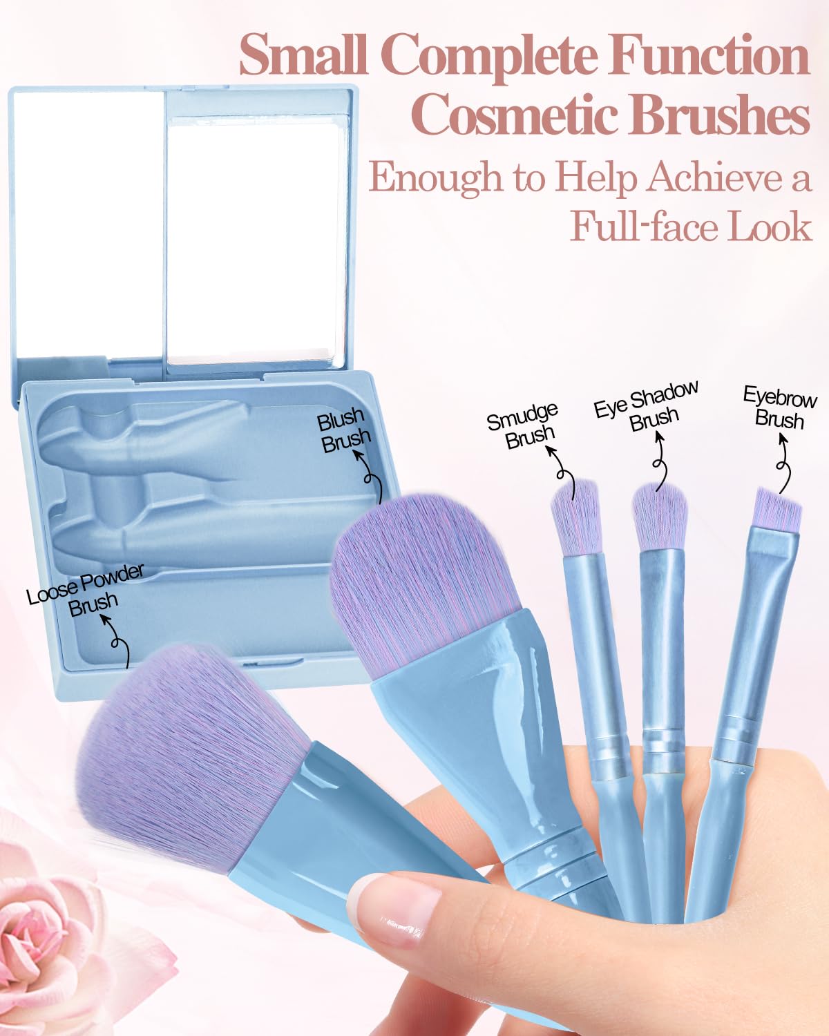 Sky Blue 5 Piece Travel Size Makeup Brush Set with Mirror and Hard Case - Image 2