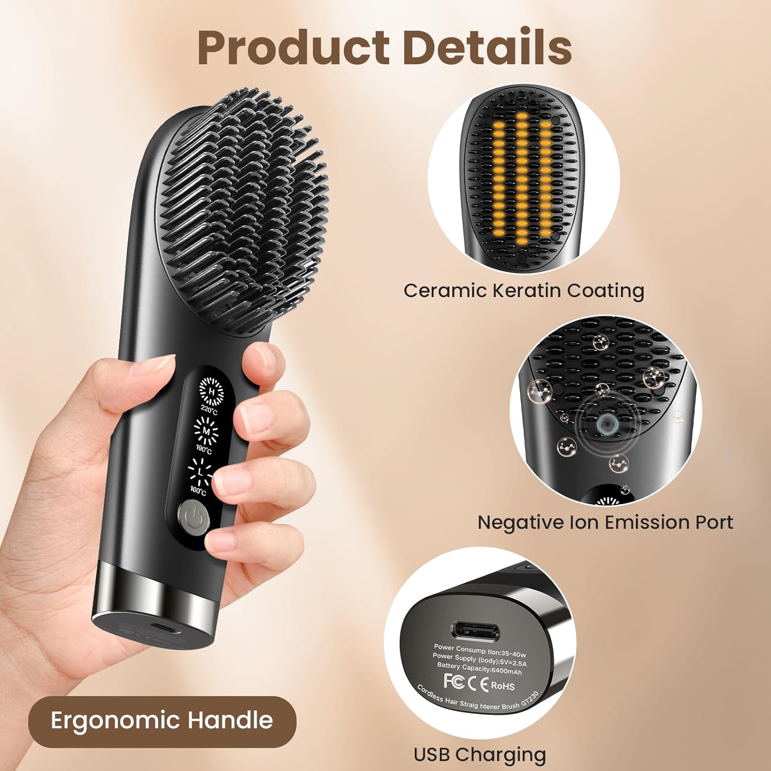 Beautlinks Portable Mini Cordless Hair Straightener Brush 6400 mAh Travel Comb for Women - Image 5