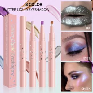 Glitter Liquid Eyeshadow, Silver Diamond Shimmer Eyeshadow, Sparkling Eyes, Long Lasting, Highly Pigmented Intense Color, Rotating Eyeshadow with Brush, Eye Brightener Makeup for Women, 02