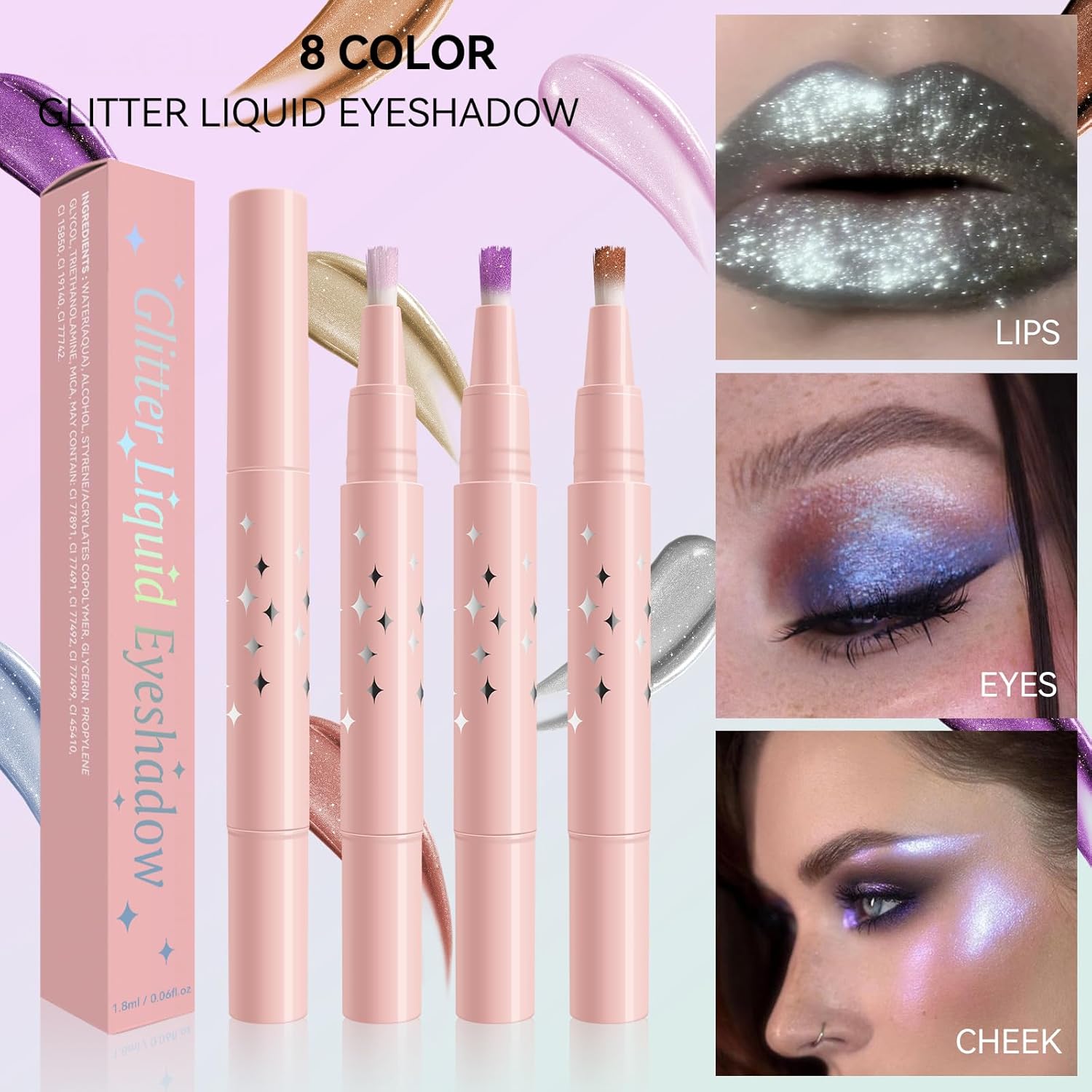 Glitter Liquid Eyeshadow, Silver Diamond Shimmer Eyeshadow, Sparkling Eyes, Long Lasting, Highly Pigmented Intense Color, Rotating Eyeshadow with Brush, Eye Brightener Makeup for Women, 02