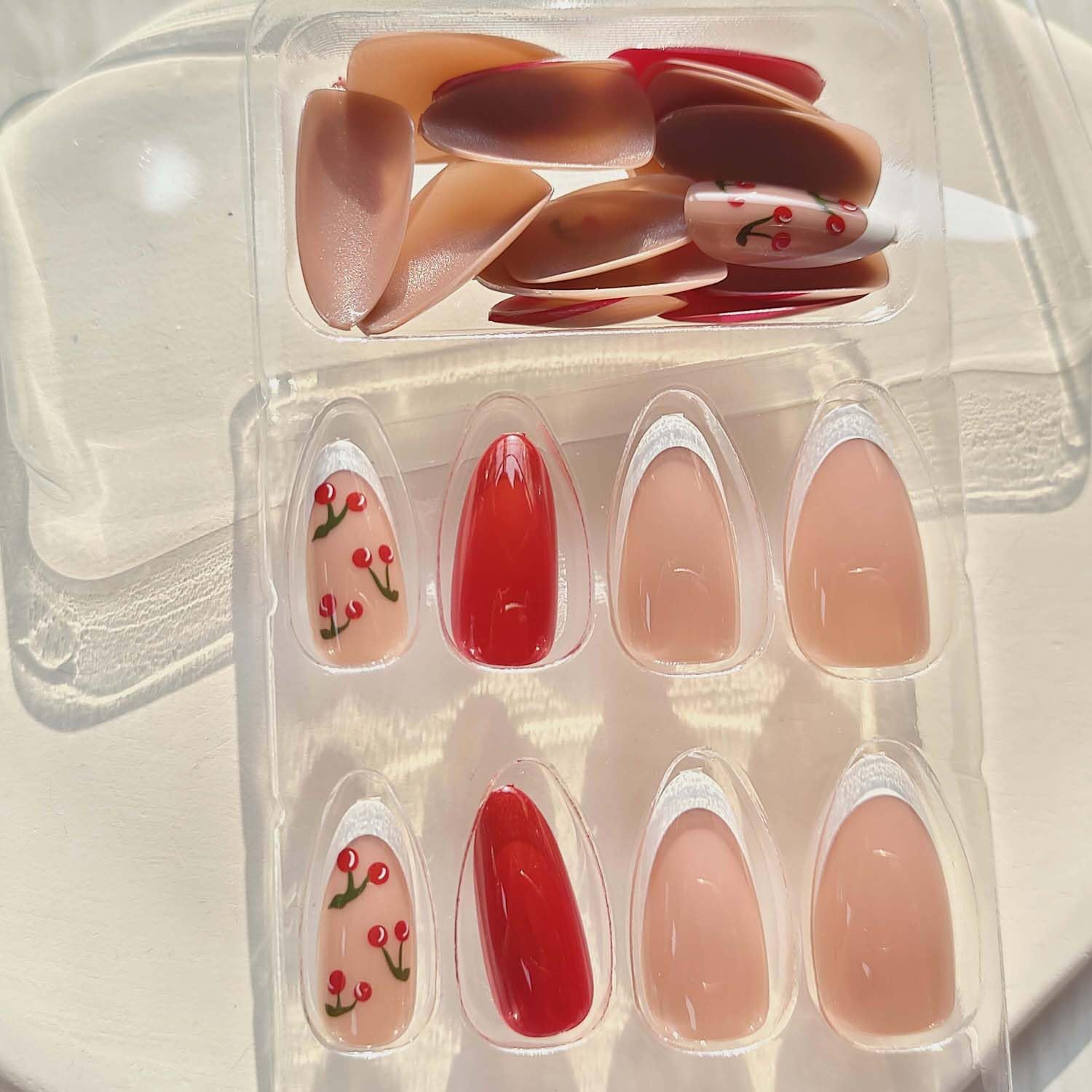 Medium Almond Glossy Pink Cherry French Tip Press On Nails Set - Image 2