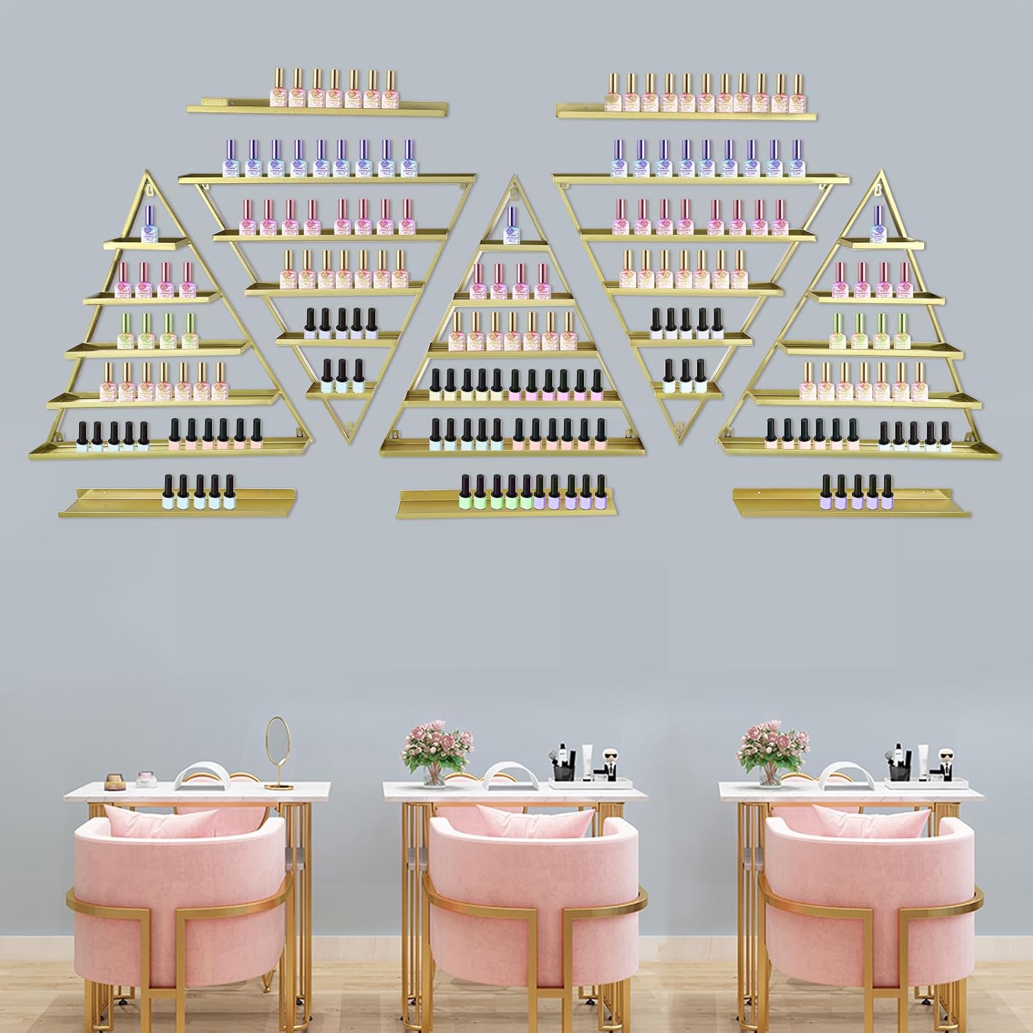 10 Piece Gold 5-Tier Wall-Mounted Nail Polish Makeup Organizer Display Shelf - Image 4