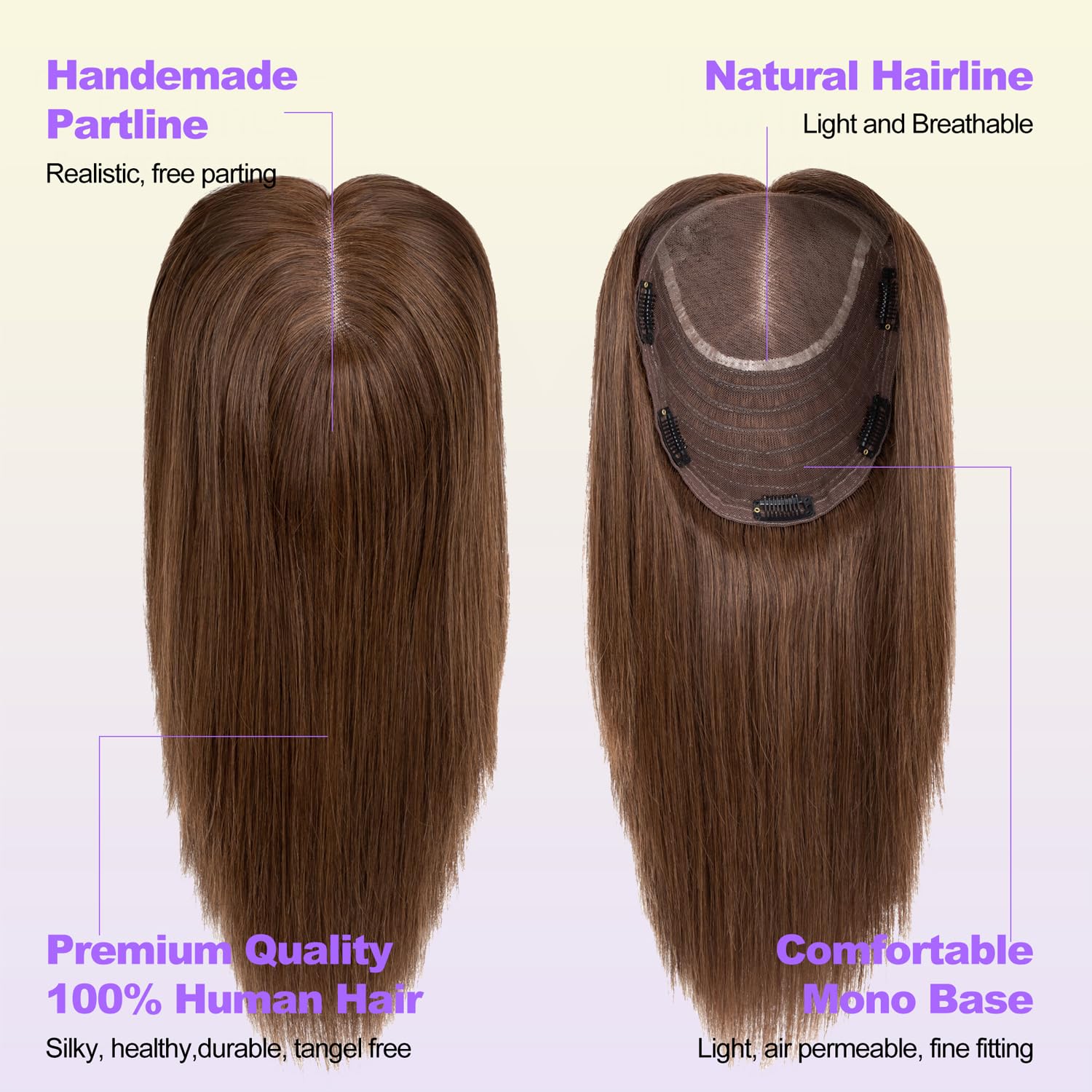 12 Inch Straight Clip-In Human Hair Topper for Women Thinning Hair 4# Color - Image 2