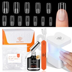 modelones Gel Nail Kit, Gel Nail Tips Medium Square, 9-in-One Nail Glue & Portable U V Nail Lamp, 216Pcs 12Sizes Press On Acrylic False Nails Tip Nail Extension DIY Nails Art Gift for Women