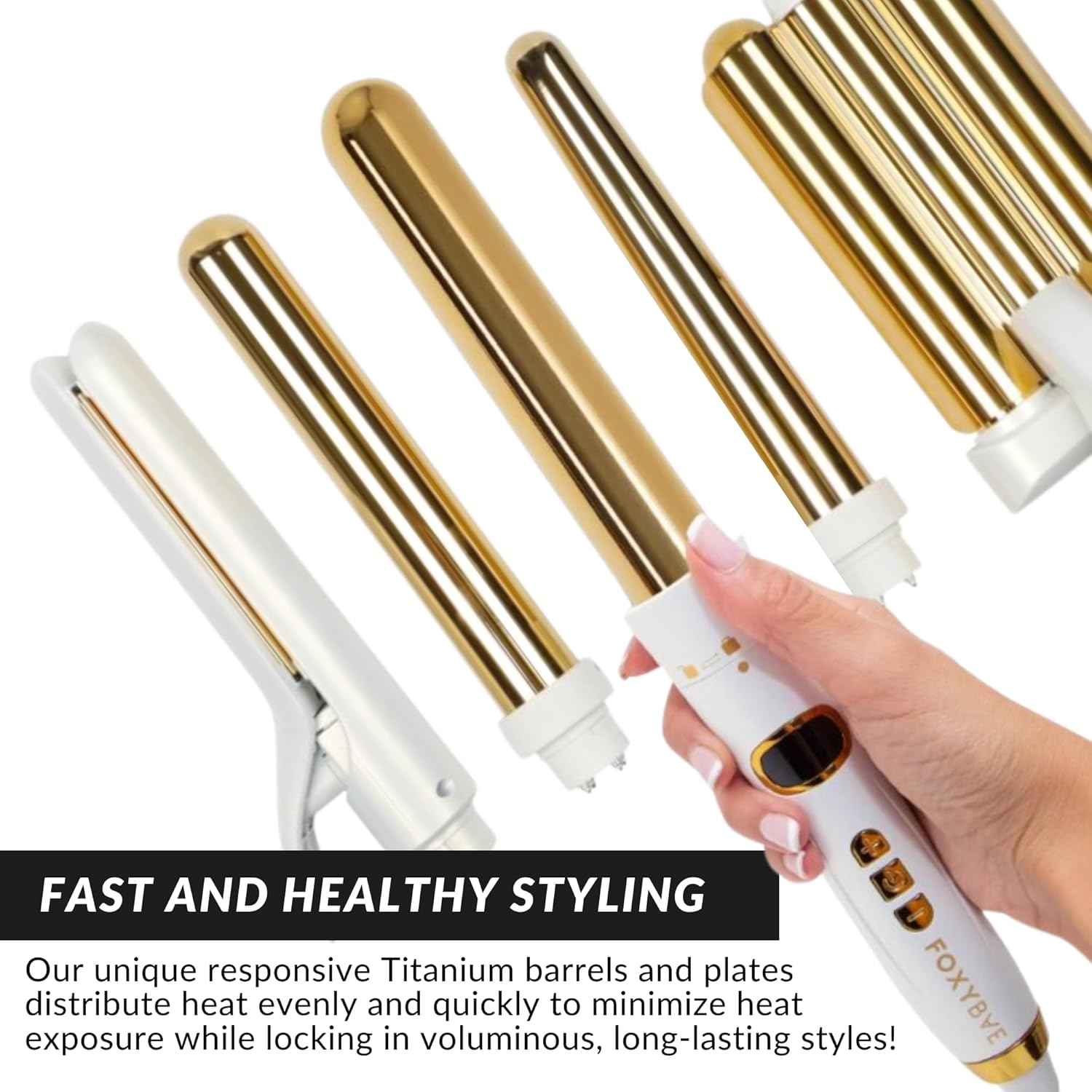 FoxyBae 5-in-1 Pearl White Hair Styling Tool Set with 1" Flat Iron, 3 Wands, Crimper, Waver - Image 5