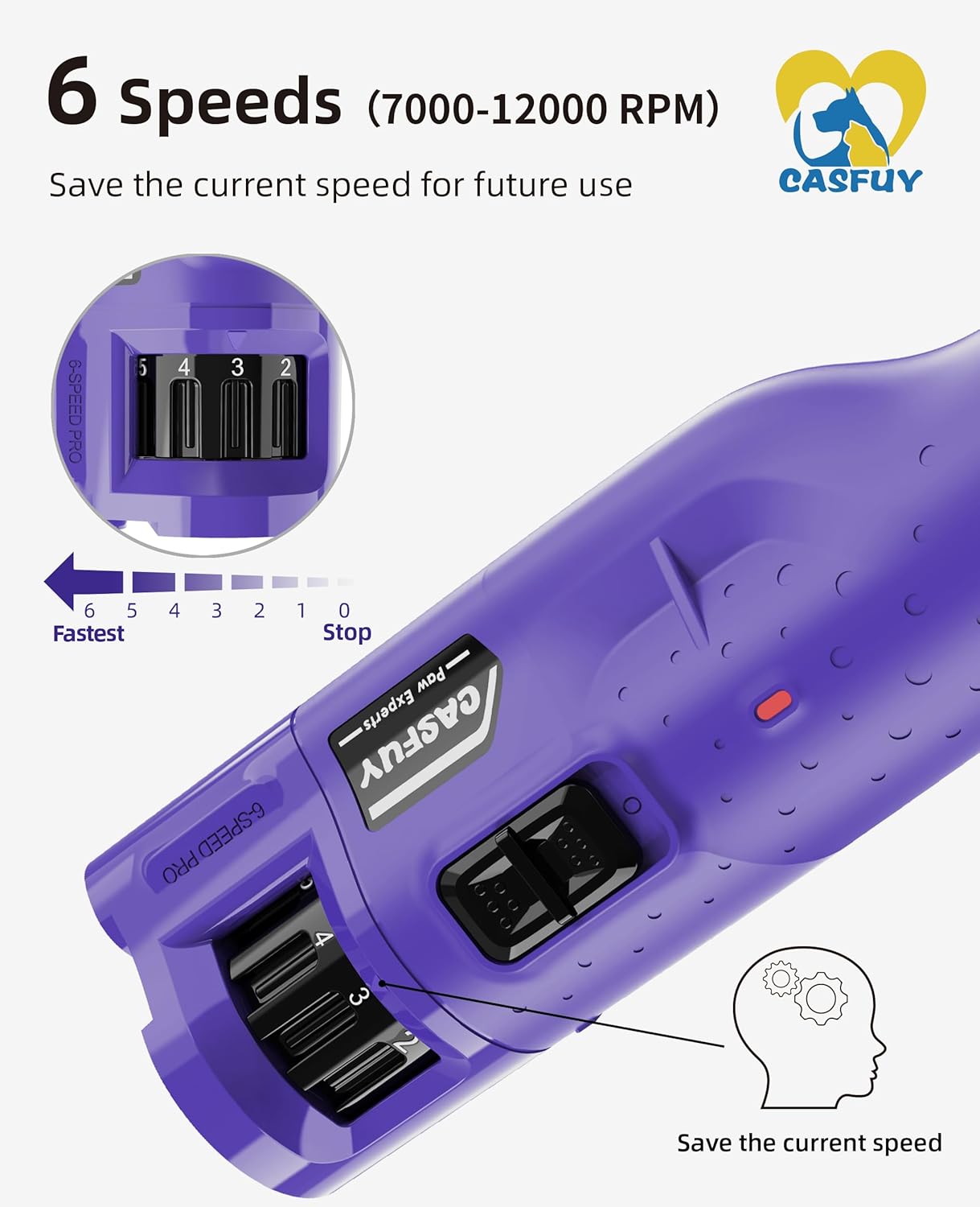 Casfuy Quiet Dog Nail Grinder 6-Speed with LED Lights for All Dog Sizes, Rechargeable - Image 2