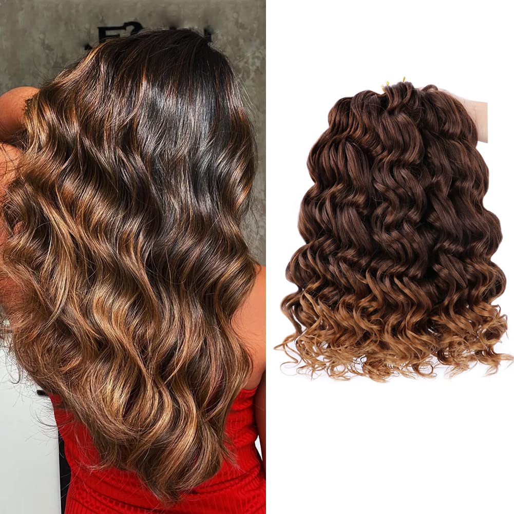 Ocean Wave Crochet Hair 12 Inch 8 Packs Ombre Light Brown to Brown Deep Wave Crochet hair Deep Curly Twist Braids Water Wavy Synthetic Hair Extensions for Women T4/30 (12 Inch,8 Packs)