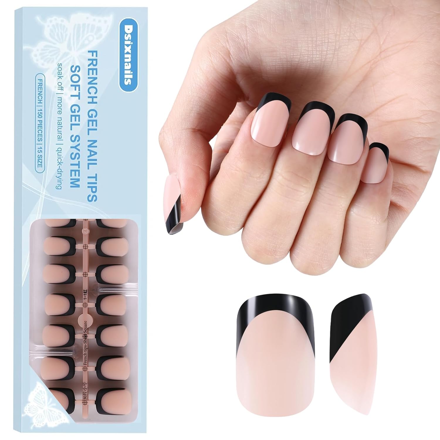 Black French Tip Press on Nails, 150pcs Soft Square Short French Gel Nail Tips in 15Sizes, Pre-lasting Acrylic Fake Nail Tips, Soak Off False Nail Tips Extension for Women Nails Diy