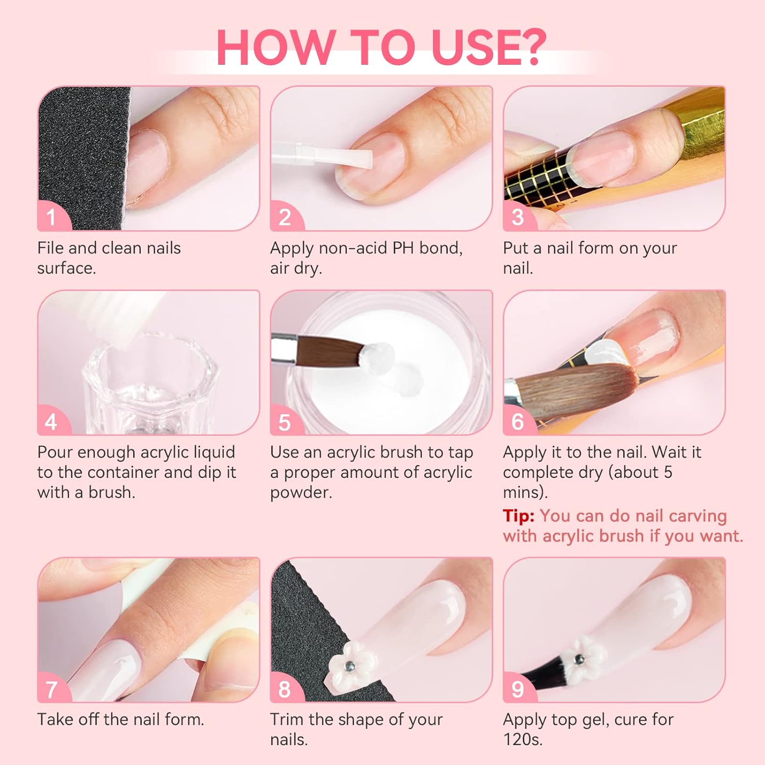 SAVILAND 12-Piece Beginner Acrylic Nail Kit with Nude, Pink, Clear, White Powders and 10ml Primer - Image 7