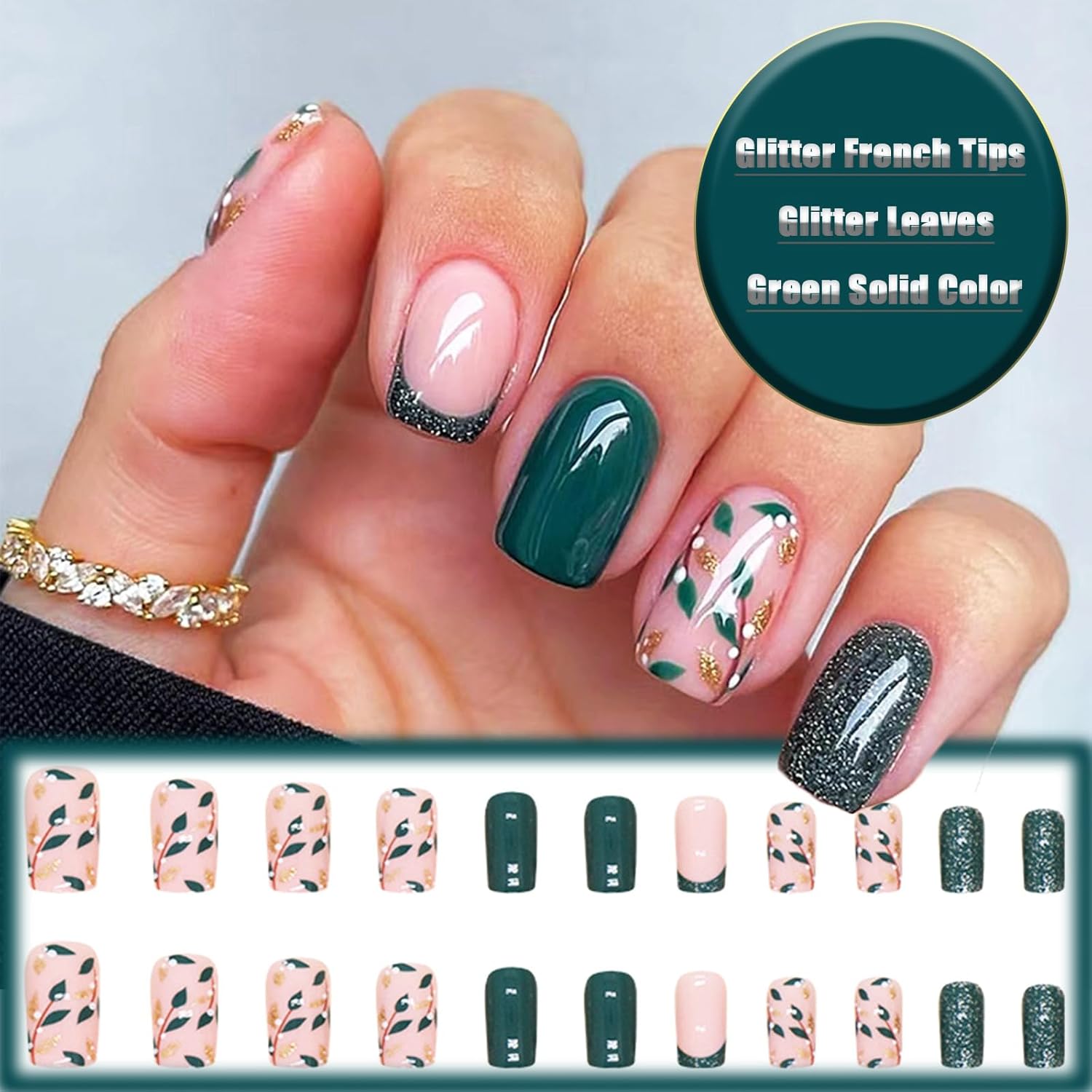 24Pcs Short Coffin Press on Nails with Sparkly Leaves Design for Women and Girls - Image 2