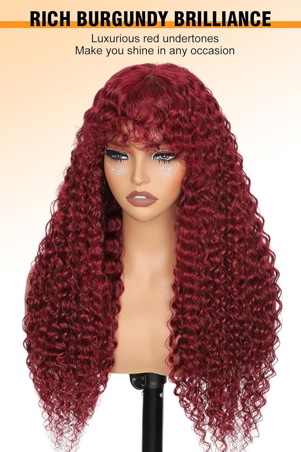 Burgundy Curly Wig with Bangs 20 Inch 100% Human Hair 2x4 Lace Closure Red - Image 6