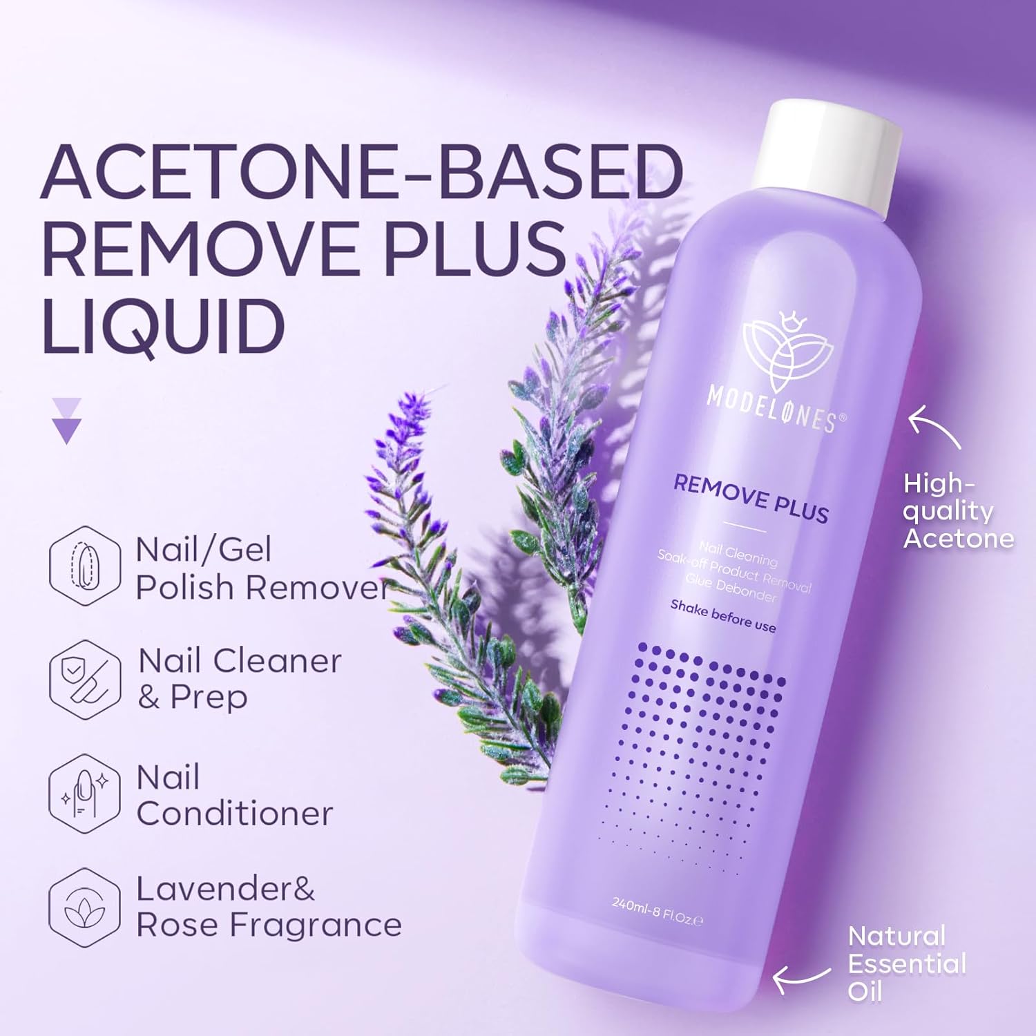 Modelones Lavender Gel and Acrylic Nail Polish Remover, 8 Fl Oz with Jojoba Oil - Image 6