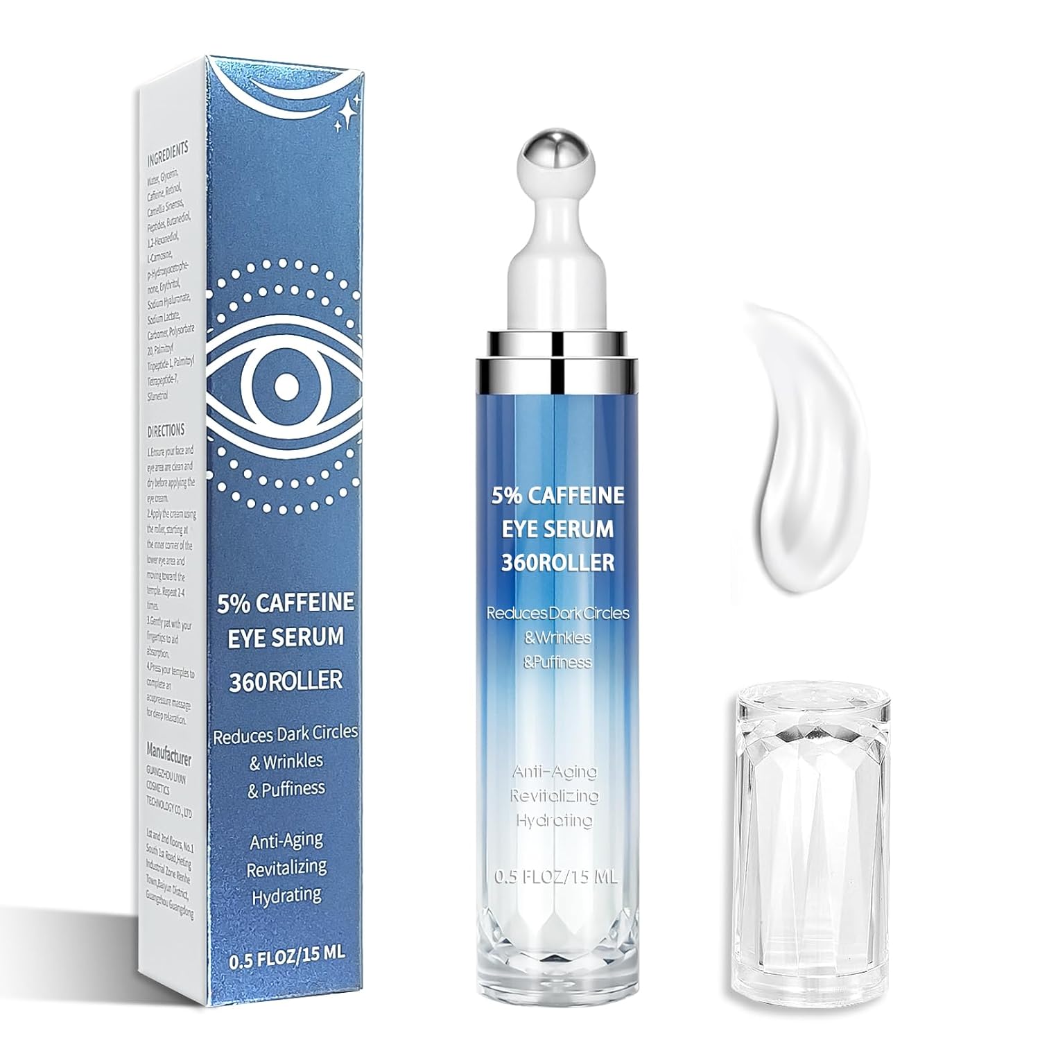 Eye Serum with 5% Caffeine & 5% Retinol – Under Eye Cream with Hyaluronic Acid, Niacinamide & Peptides for Dark Circles, Puffiness & Fine Lines – 360° Massage Roller Ball, 0.5 fl. oz