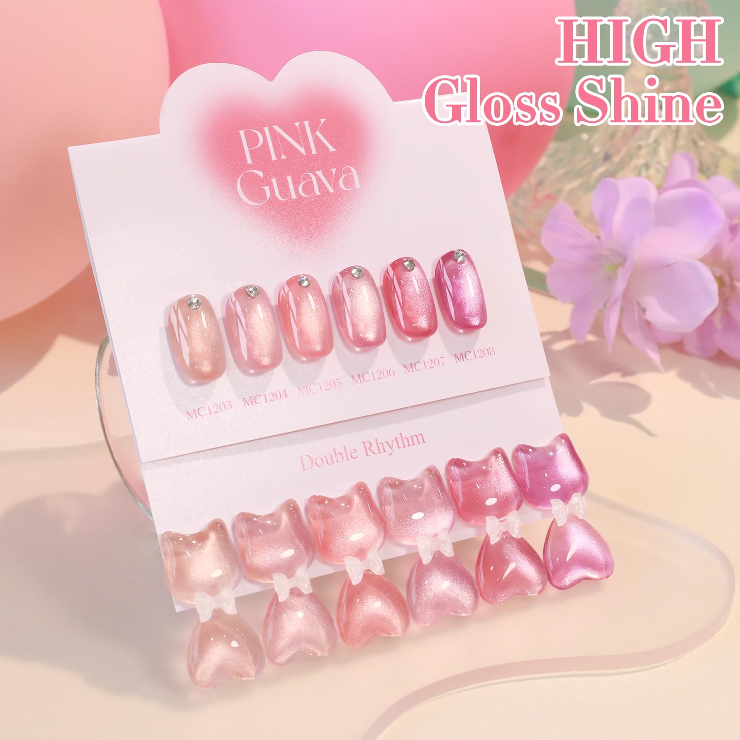 Nude Pink Holographic Glitter Double Rhythm Cat Eye Gel Nail Polish Set 6 Bottles 0.5 Oz - Image 6