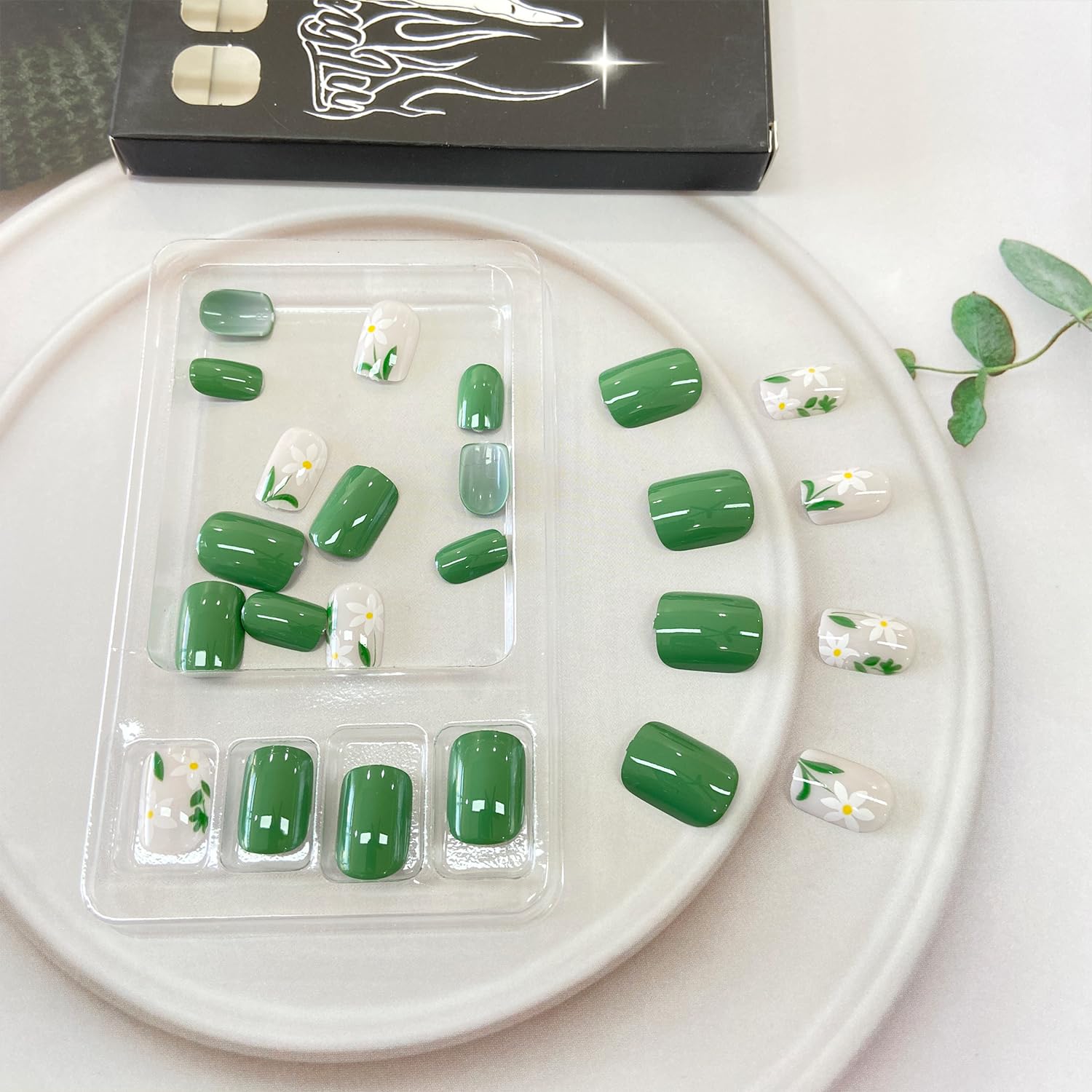 White Flowers Short Square Press on Nails Light Green Glossy Full Cover 24 Pcs - Image 4