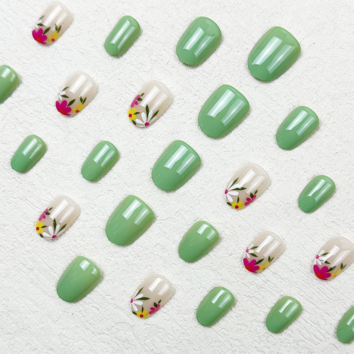 Green Almond Shape Flower Design Full Cover Acrylic Press-On Nails for Spring Summer - Image 2