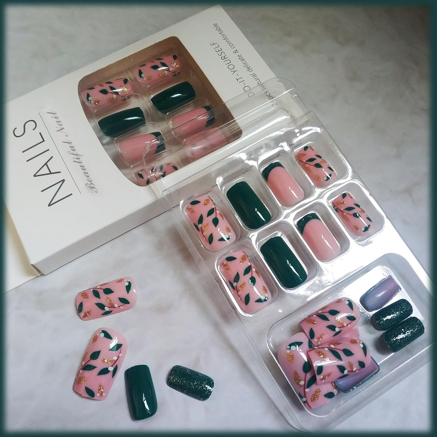 24Pcs Short Coffin Press on Nails with Sparkly Leaves Design for Women and Girls - Image 3