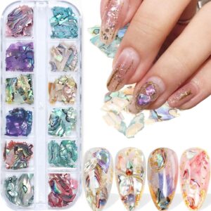 Abalone Seashell Nail Art Sequins, 3D Irregular Thin Nail Art Glitter Flakes Design, Mermaid Shell Slices Decorations UV Gel Shiny Accessories, Ocean Rivet Acrylic Nails Supplies for Women Girls