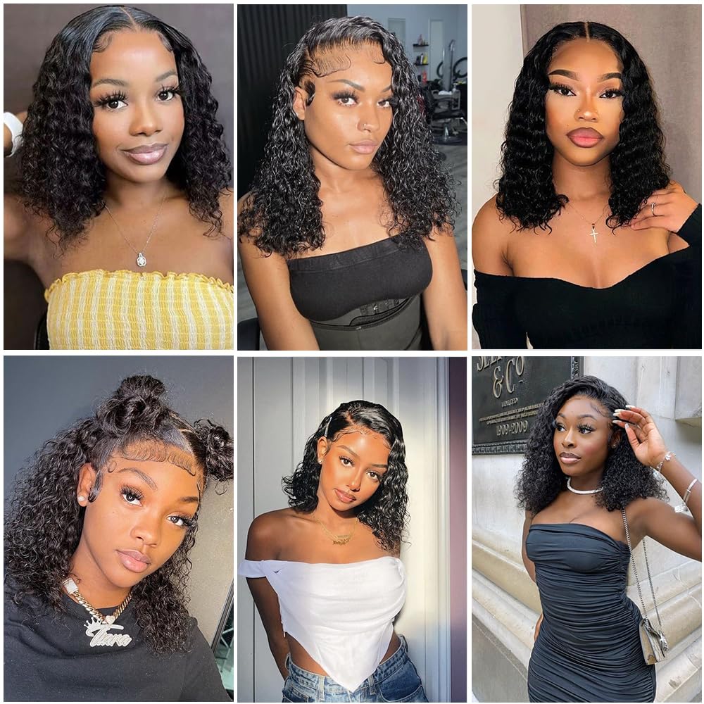 14 Inch Deep Wave Bob Wig Human Hair 13x4 Lace Front 200% Density Pre Plucked Wet Wavy - Image 7