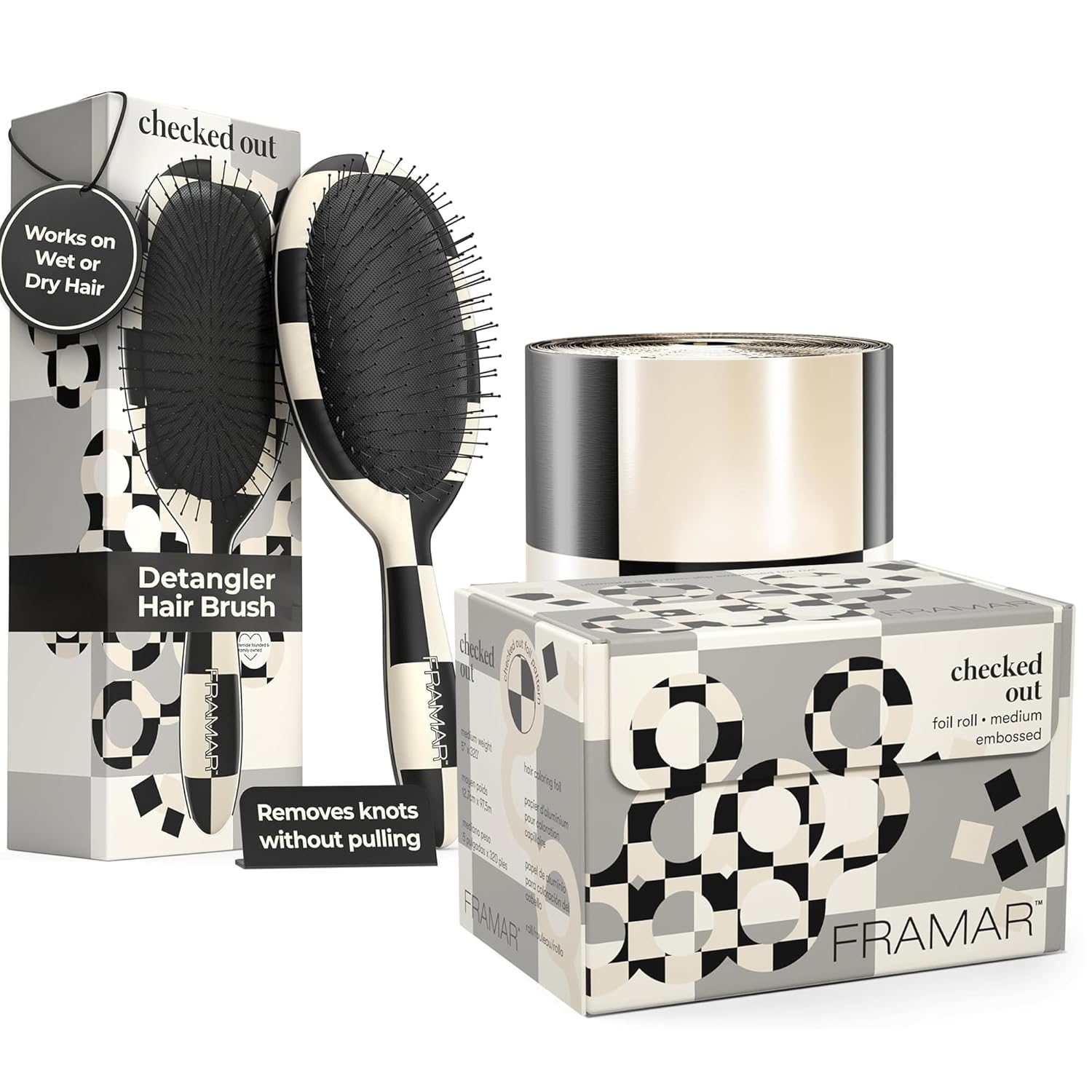 FRAMAR Checkered Print Hair Brush Detangler – Wet Hair Brushes For Women - FRAMAR Checkered Hair Foil, Salon Foils For Hair Stylist – 320 ft