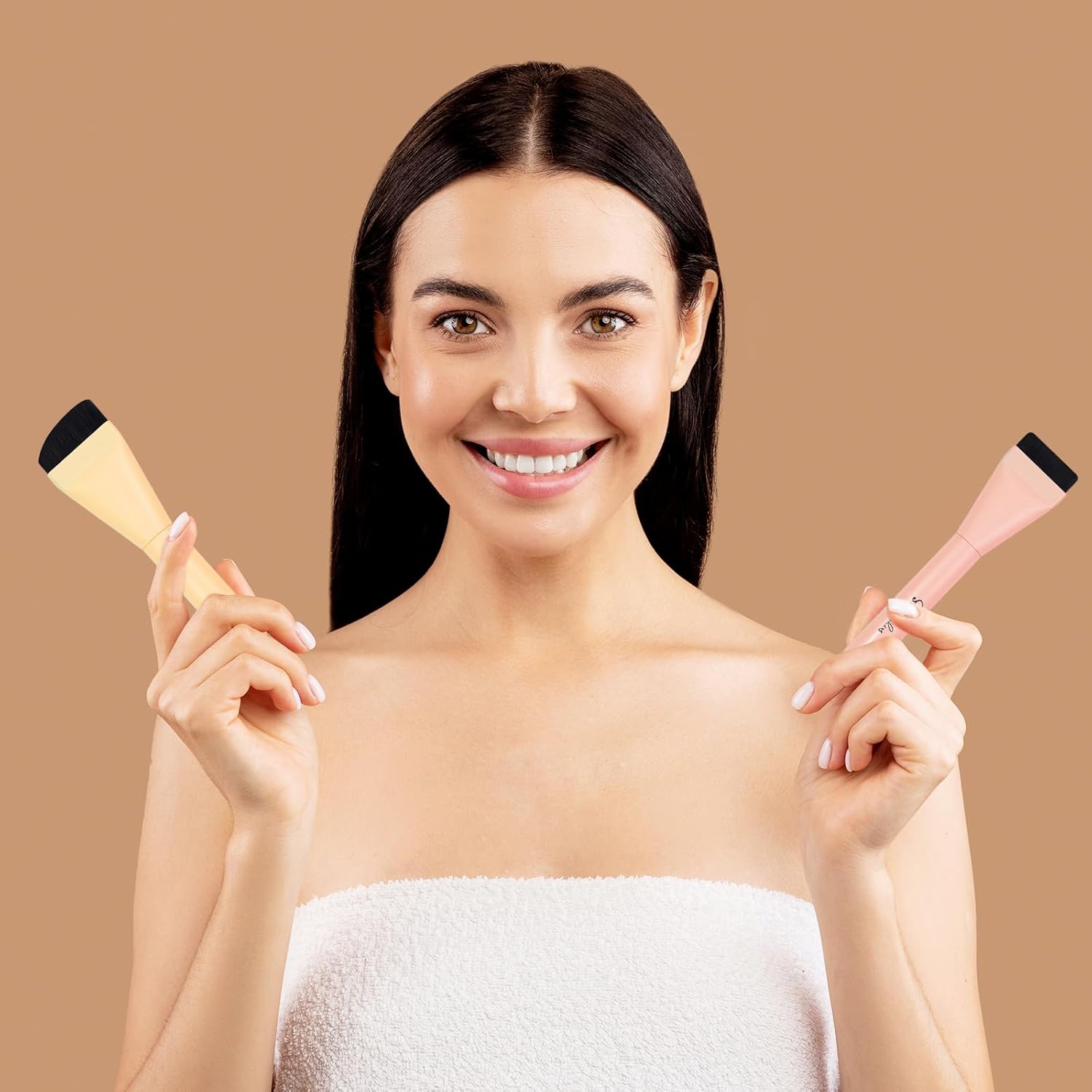 2-Piece Ultra Thin Foundation Brush Set Flat Top Angled Head Pink Yellow - Image 7