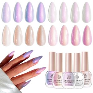 AZUREBEAUTY Nail Polish Set, 4 Colors Pearl Shimmer Blue Pink White Quick Dry Natural Nail