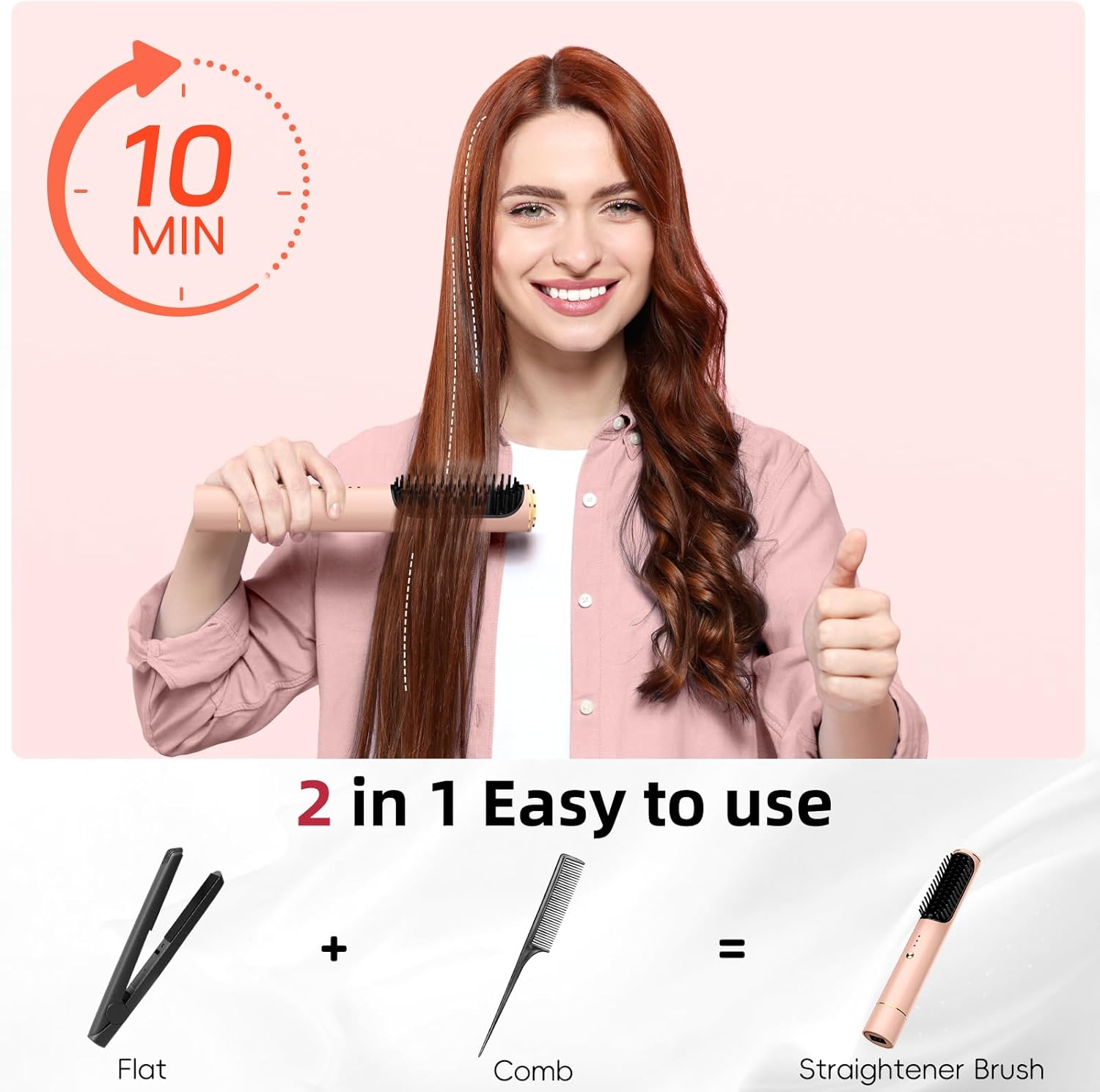 Portable Cordless Ceramic Hair Straightener Brush, Pink, Fast Charging, Dual Power, Travel Friendly - Image 3