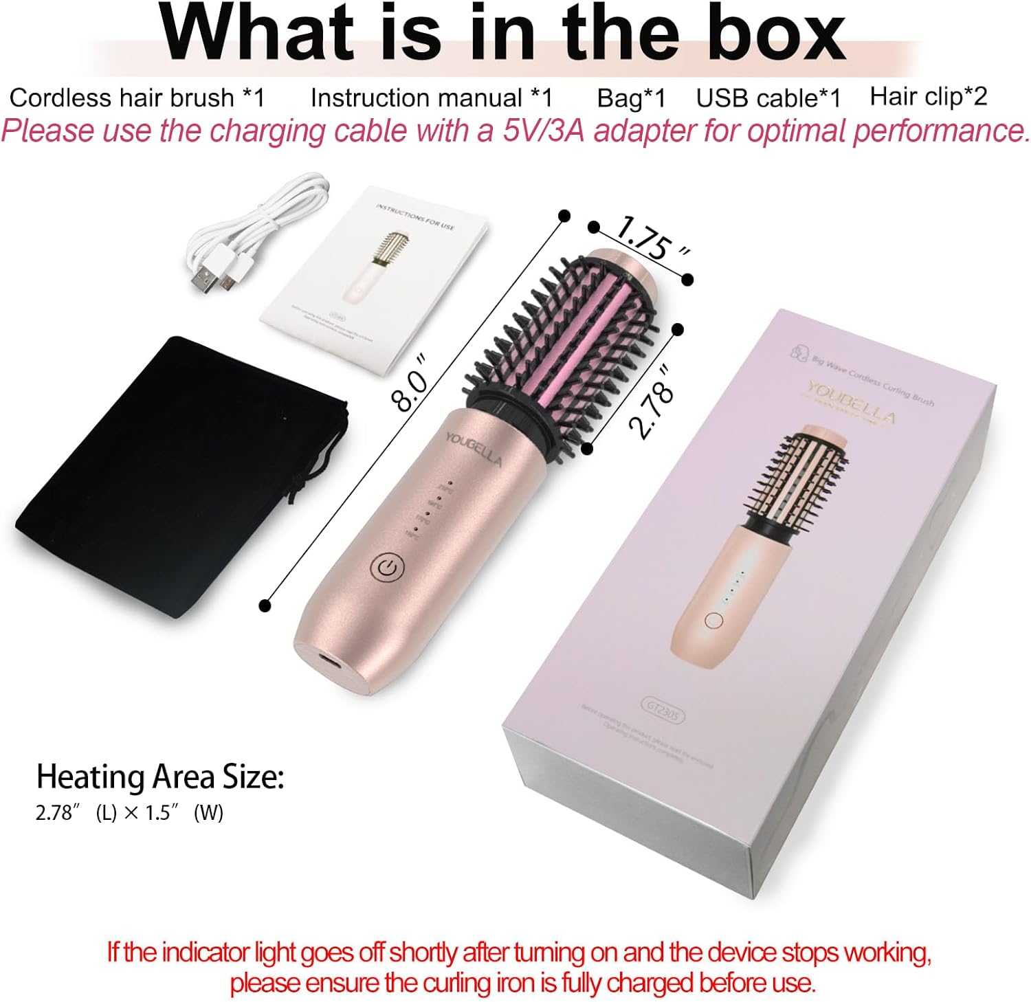Portable Pink Cordless Mini Hair Curling Iron Brush 3-in-1 Heated Comb USB Rechargeable - Image 9