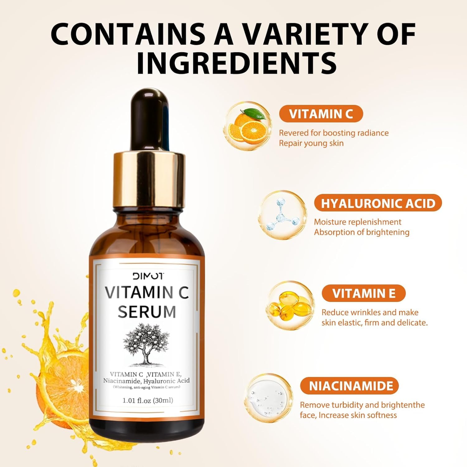 Vitamin C Brightening Serum for Women with Hyaluronic Acid & Vitamin E, 30ml Bottle - Image 3