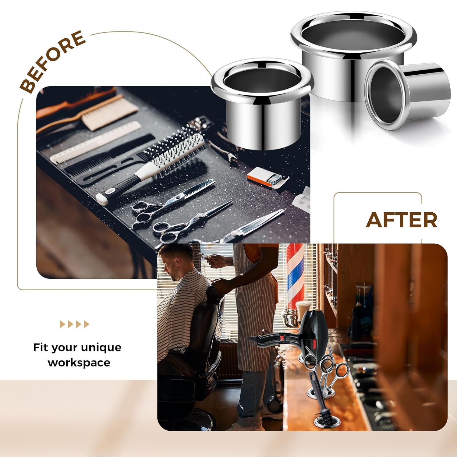 6 Piece Stainless Steel Hair Dryer Holder Set, 3 Assorted Sizes for Salon Station Organizer - Image 5