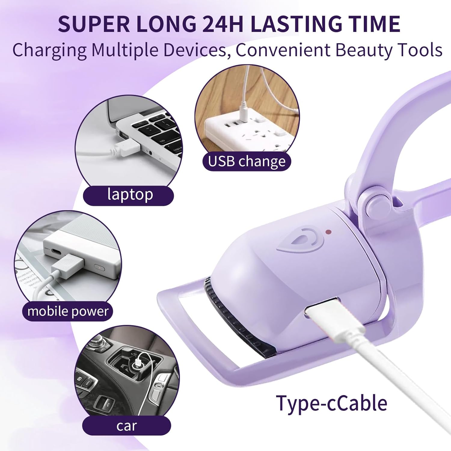 Premium USB Rechargeable Heated Eyelash Curler Purple with Temperature Control Silicone Pad - Image 5