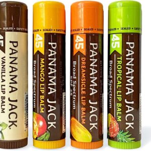 Panama Jack Sunscreen Lip Balm - SPF 45, Flavor Pack, Broad Spectrum UVA-UVB Sunscreen Protection, Prevents & Soothes Dry, Chapped Lips (Dreamsicle/Vanilla/Tropical/Mango)