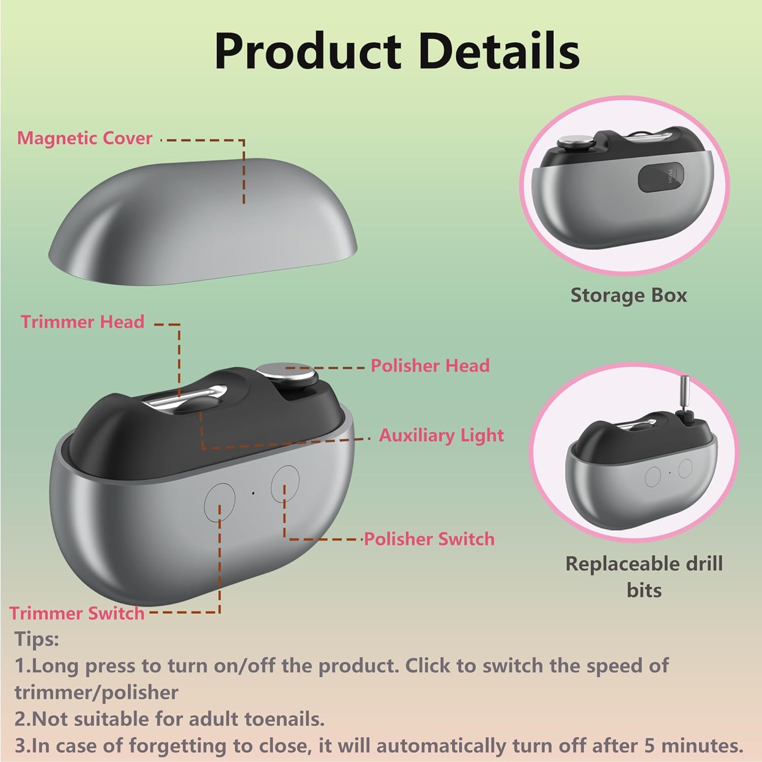 4-in-1 Electric Nail Clipper with Trimmer, Polisher, Grinder, Magnetic Cover, 2 Speeds, Portable for All Ages - Image 7