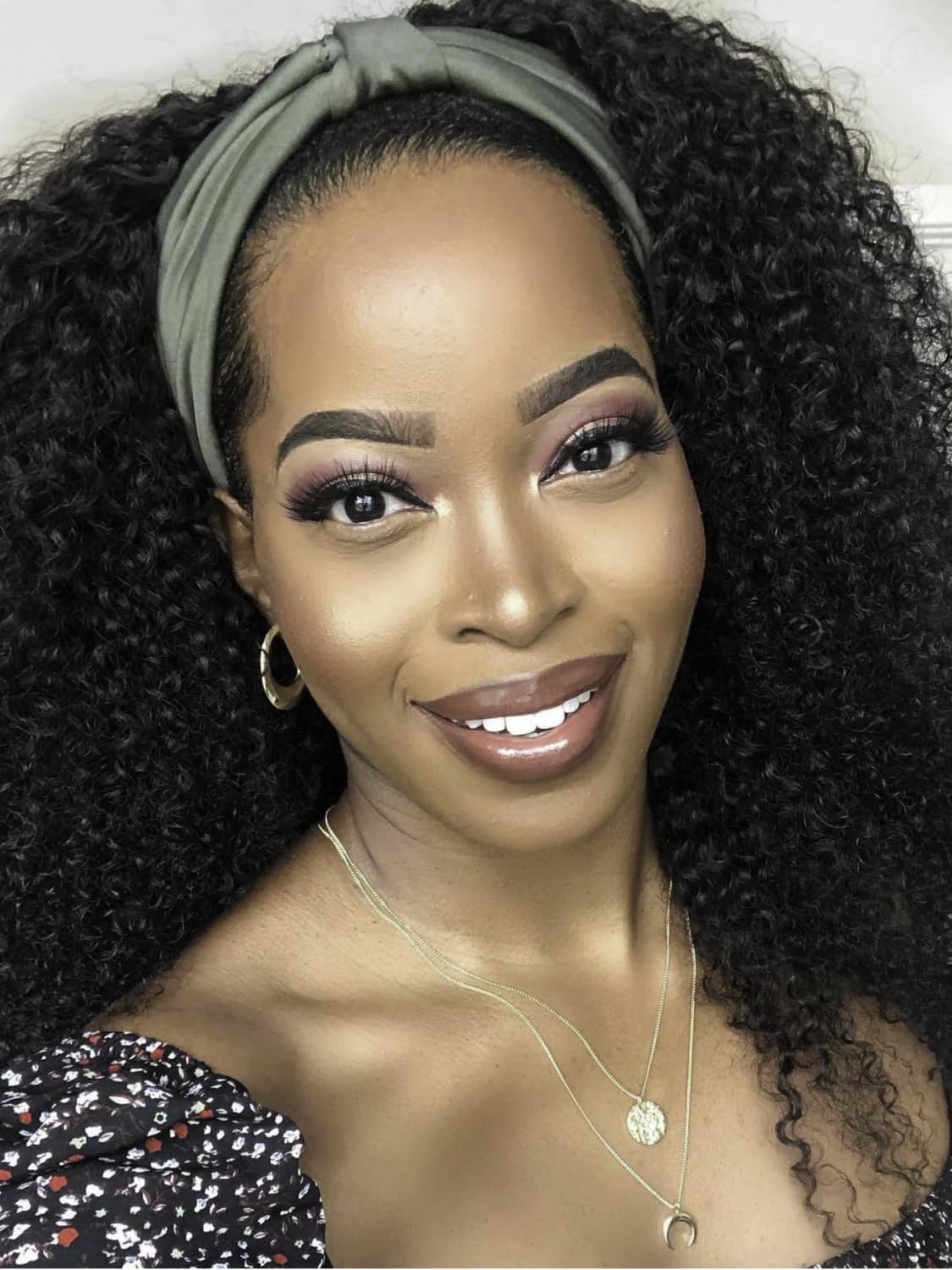 KLAIYI Afro Kinky Curly 3/4 Half Wig Human Hair Glueless Wear and Go Wig with or without Headband Natural Curls Non Lace Front Full Machine Made Ready to Go Beginner Friendly 180% Density Full 20Inch