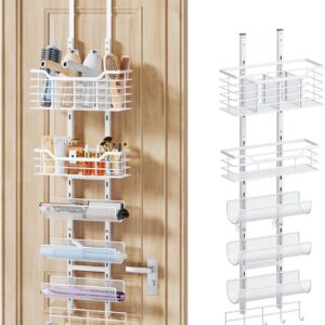 Consmest 6-Tier Hair Tool Organizer - Hair Dryer Holder Over The Door/Wall Mounted DIY Adjustable Shelf Bathroom Door Organizer with Hook for Curling Iron/Blow Dryer/Straightener White