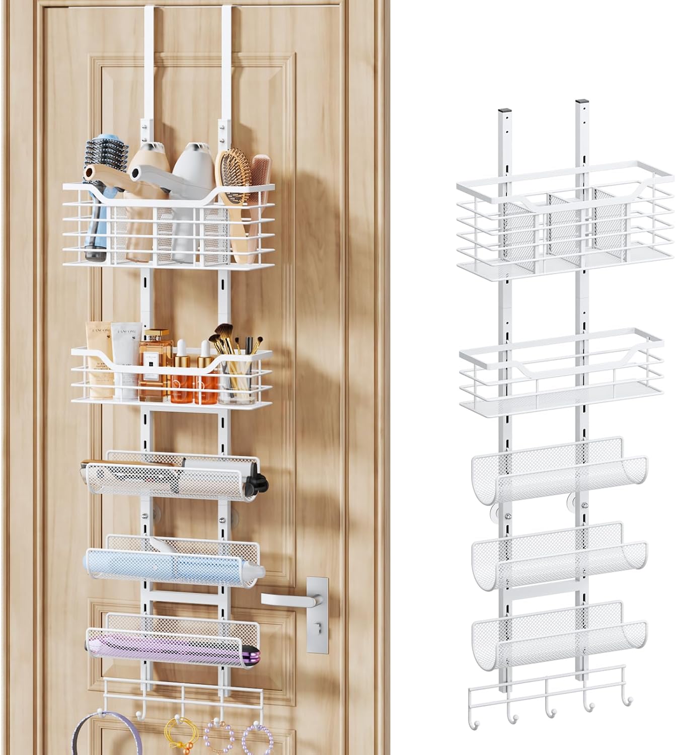 Consmest 6-Tier Hair Tool Organizer - Hair Dryer Holder Over The Door/Wall Mounted DIY Adjustable Shelf Bathroom Door Organizer with Hook for Curling Iron/Blow Dryer/Straightener White