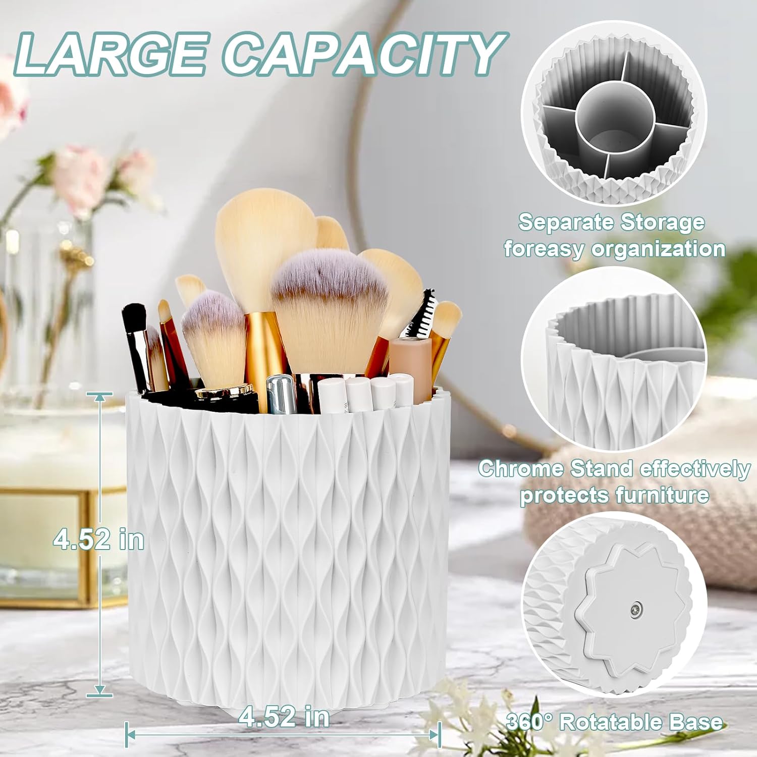 Pearl White 360 Rotating Makeup Brush Holder with 5 Slots for Vanity - Image 2