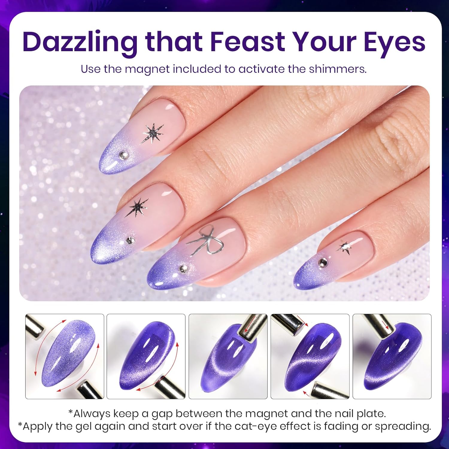 Beetles 15ML Purple Cat Eye Gel Nail Polish Holographic Glitter with Magnet Tool - Image 6